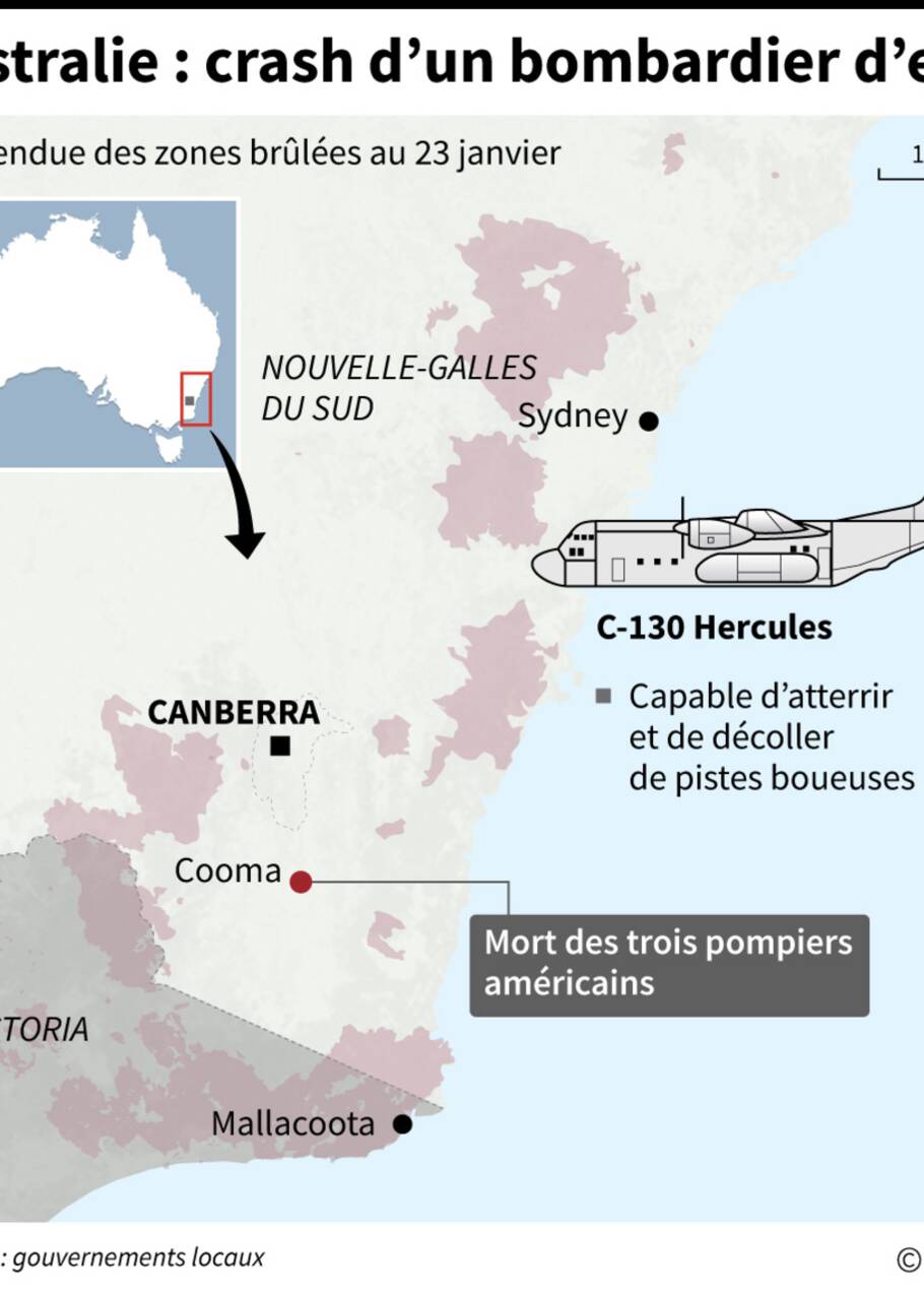 Feux en Australie: les enquêteurs sur le site du crash qui a tué trois pompiers américains
