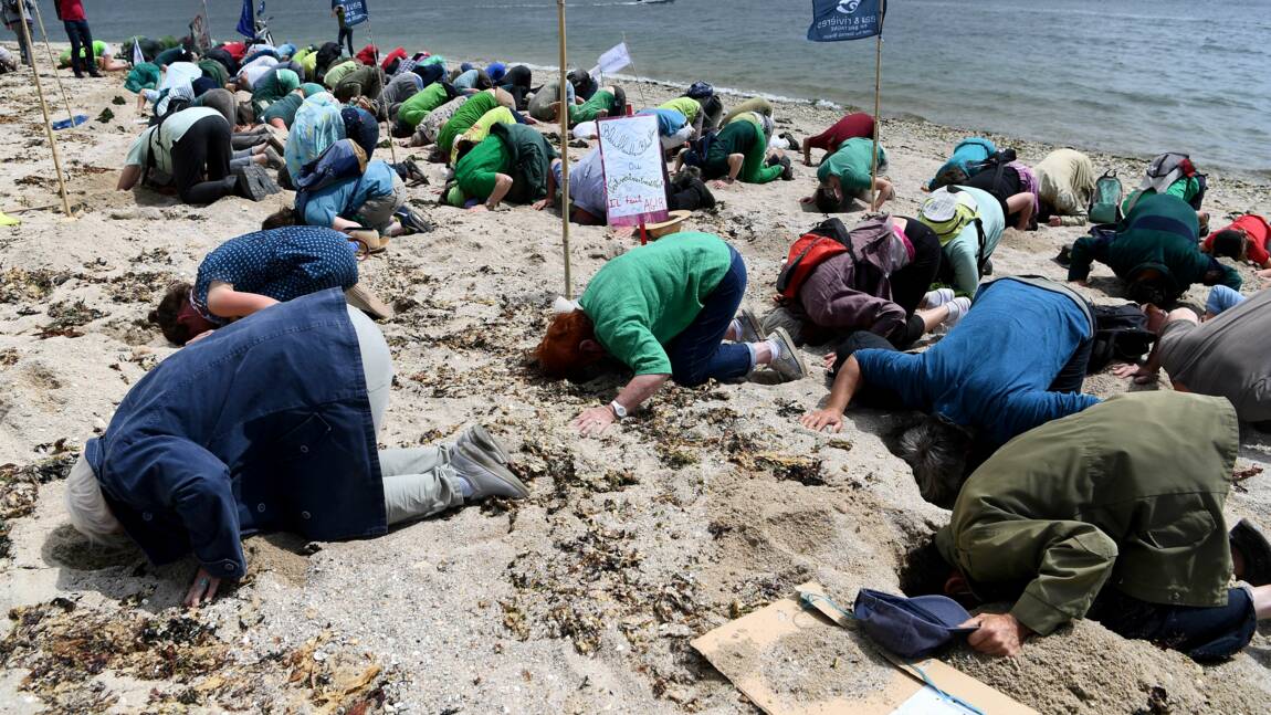 Bretagne: la tête dans le sable pour dénoncer l'insuffisance de l'action contre les algues vertes