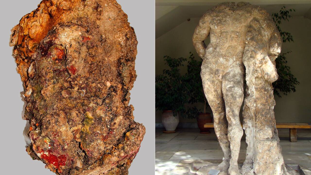 Une tête de statue en marbre remontée de l'épave d'Anticythère au large de la Grèce