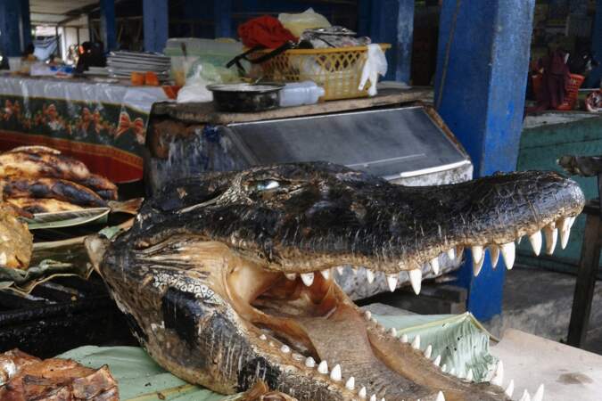 Un lagarto sur un marché d'Iquitos