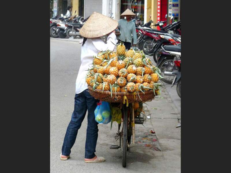 Une marchande transporte ses ananas sur son vélo, à Hanoi, au Vietnam.