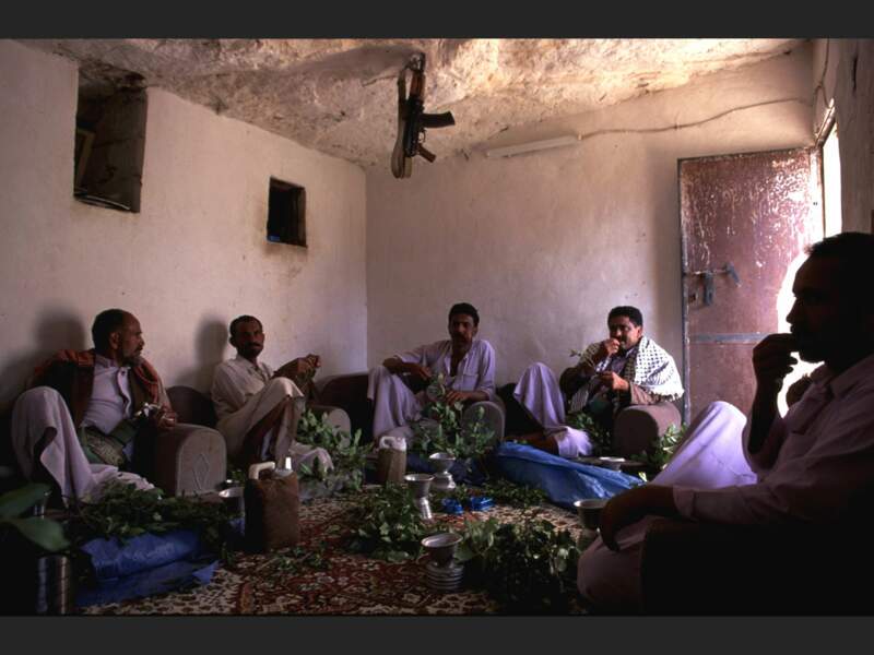 Séance de qat chez Farés, le plus important producteur de qat de la région de Sa’dah, au nord du Yémen.