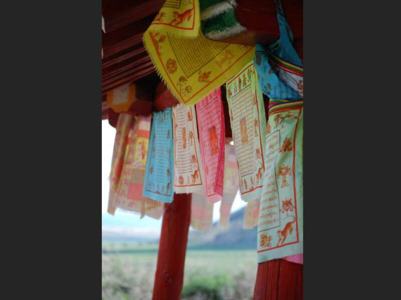 Drapeaux de prière au pied du mont Khogno Khan, dans le centre de la Mongolie
