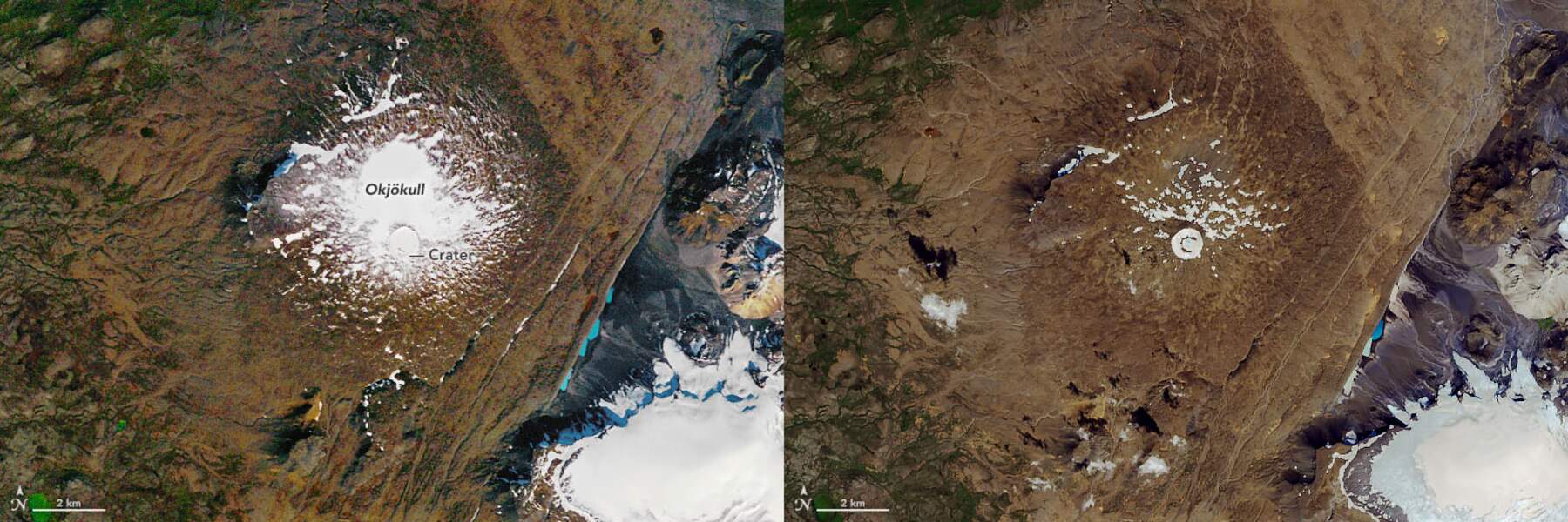 Le glacier Okjökull entre 1986 et 2019