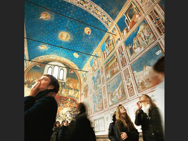 Des visiteurs contemplent le chef-d'oeuvre de Giotto, dans la chapelle des Scrovegni, à Padoue
