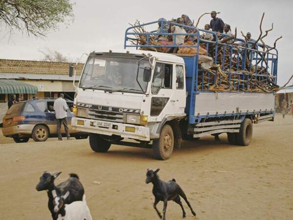 Camion transportant des hommes et du bois, Kotido, nord de l'Ouganda