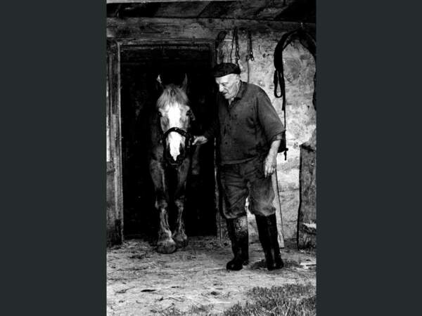 Un fermier et son cheval de trait, à Sainte-Anne (Haute-Savoie, Rhône-Alpes, France).