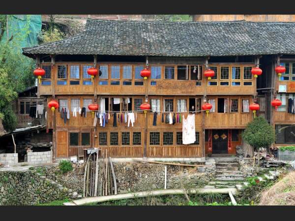 Une maison en bois dans le village de Ping’an, dans la province du Guangxi, en Chine.