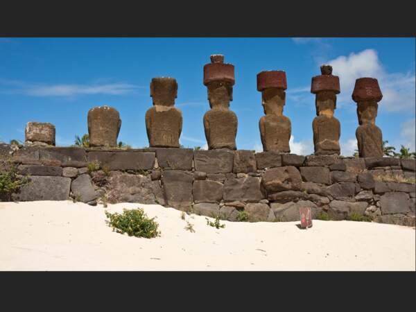 Des pétroglyphes sont gravés sur le dos de ces moai, sur l'île de Pâques (Chili).