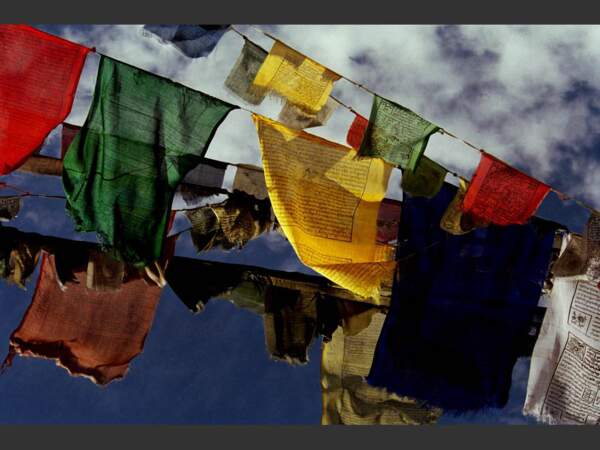 Ces drapeaux à prières volent dans le vent sur les hauteurs de Leh, dans le Ladakh, en Inde.