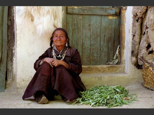 Cette dame âgée est de retour des champs, aux alentours de Yangtang, au Ladakh, en Inde.