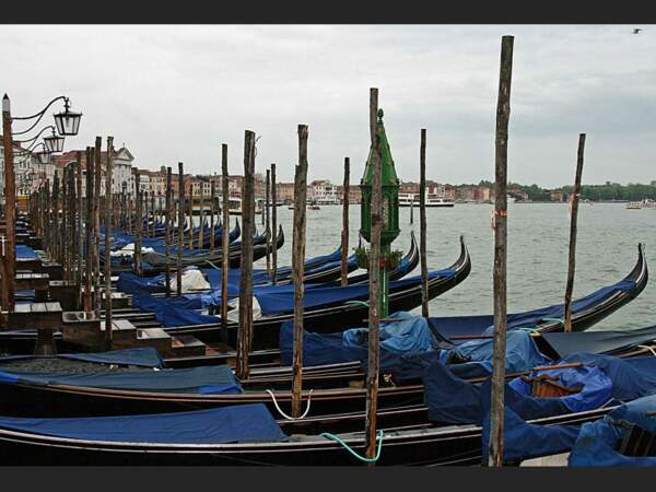 A l'aube, les gondoles sont au repos sur le Molo, à Venise (Italie).