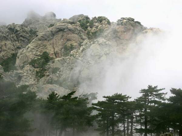 Un brouillard épaisse s’élève sur le massif de Bavella, en Corse.
