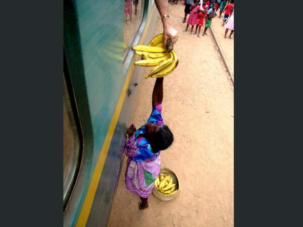Une jeune vendeuse propose ses fruits aux passagers du train Fianarantsoa- Manakara, à Madagascar.