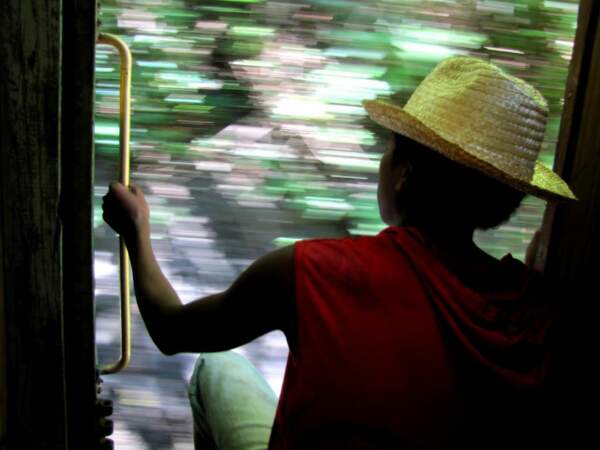 Ce jeune Malgache contemple les paysages depuis le train qui relie Fianarantsoa à Manakara, à Madagascar.