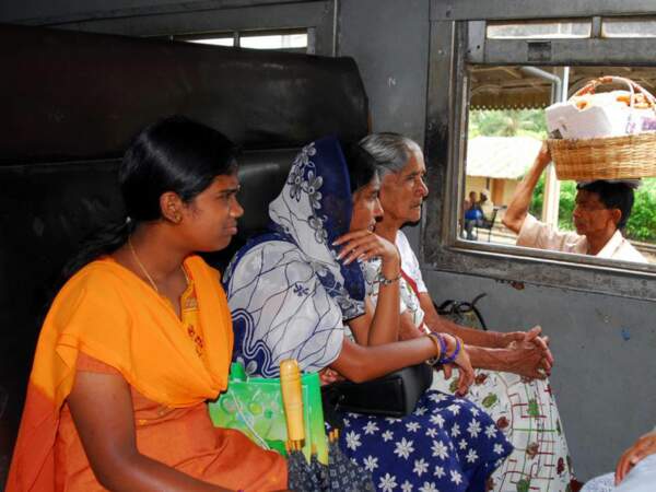 Des vendeurs proposent leurs fruits aux passagers d'un train, au Sri Lanka.