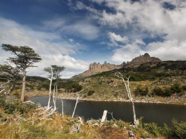 On aperçoit, au fond, les monts Lindenmayer de l’île Navarino (Patagonie, Chili). 