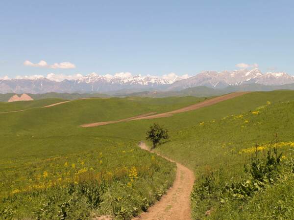 Un 4x4 sur une piste menant au massif du Ferghana, au Kirghizistan