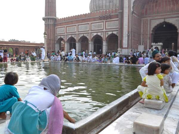 Le bassin des ablutions de la grande mosquée de Delhi, en Inde.